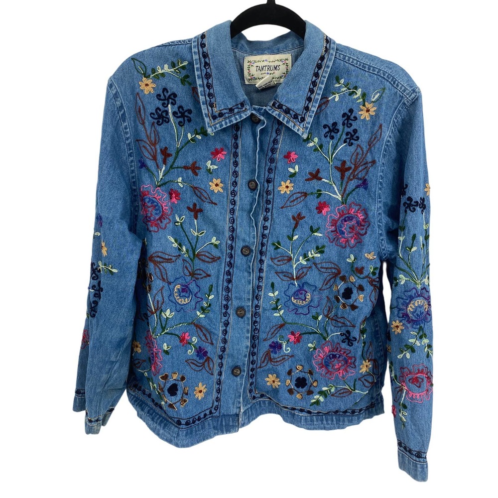 vintage Tantrums women S Denim Floral Embroidery Blue Jean button Jacket